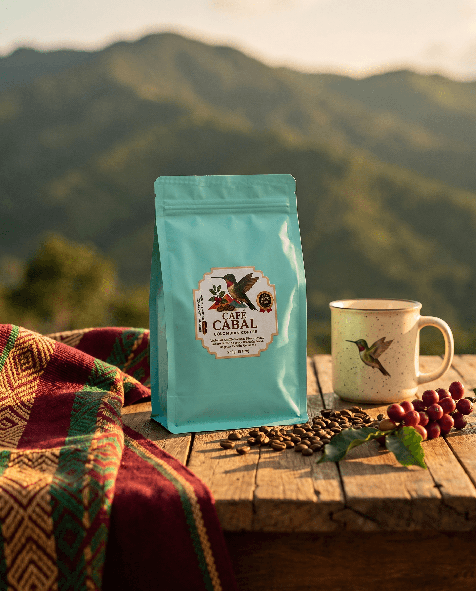 Bolsa de Café Cabal sobre una mesa de madera con una mantita Wayuu, una taza con colibrí y granos de café tostado.