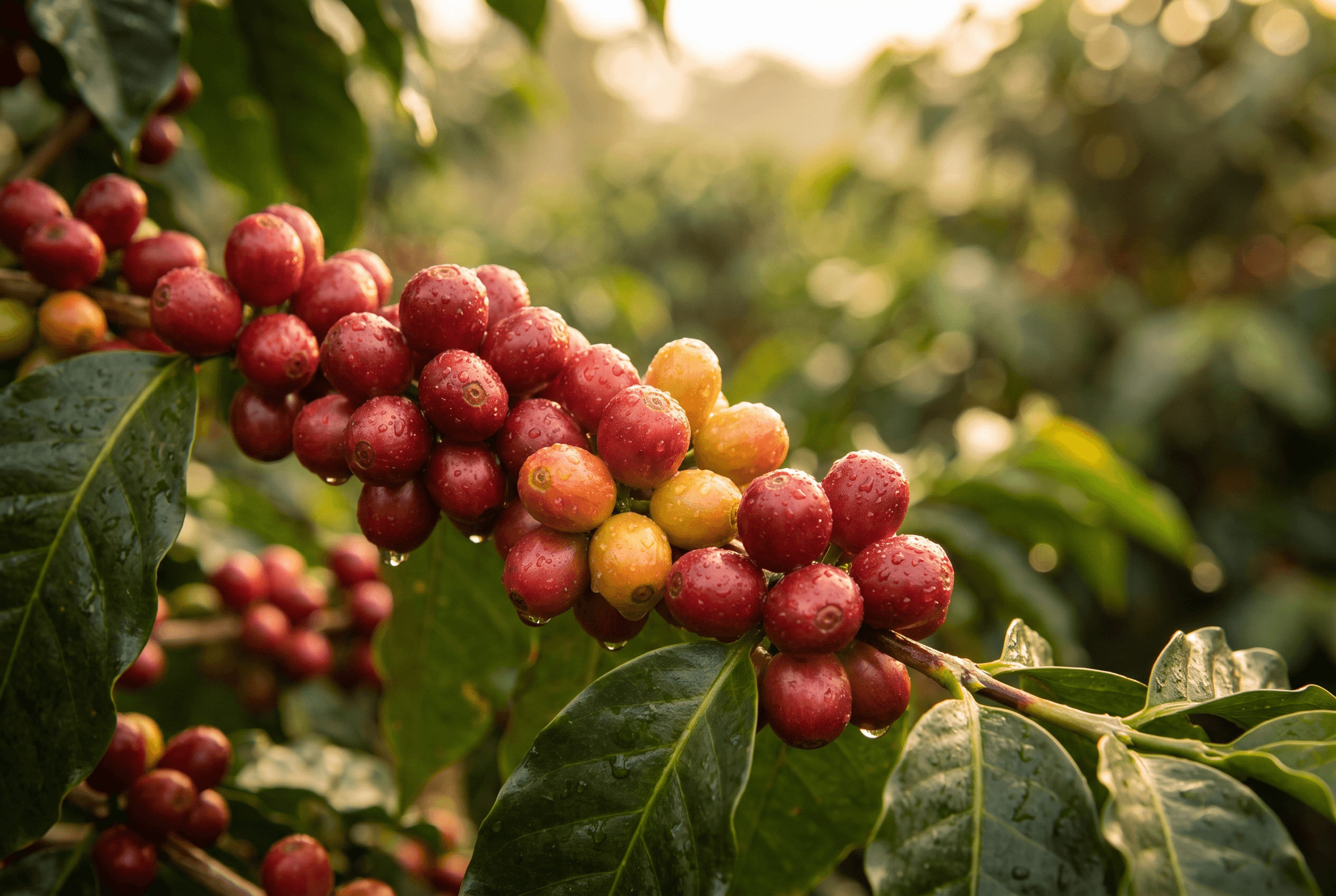 Cerezas de café maduras, rojas y amarillas, con gotas de rocío en la rama — cosecha recogida a mano.