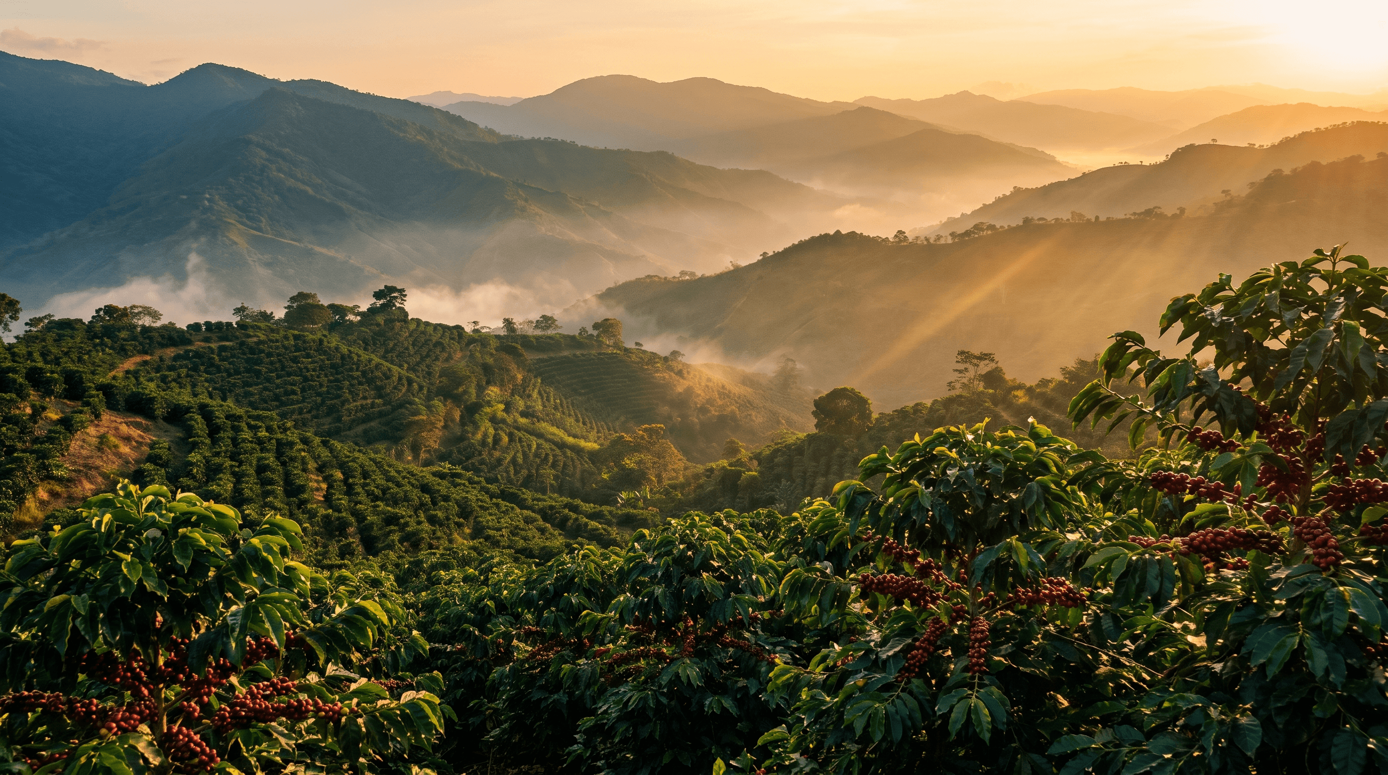 Las montañas cafeteras de La Guajira, Colombia, al amanecer con neblina y matas de café cargadas de cerezas rojas.