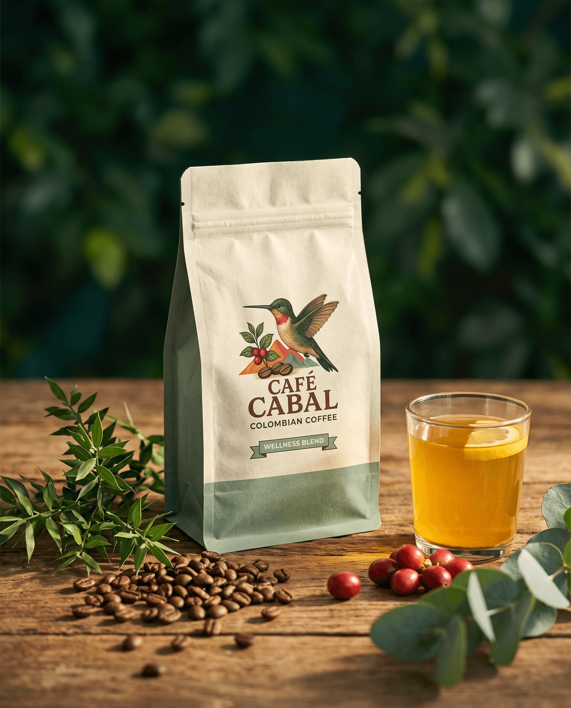 Café Cabal Wellness Blend — bolsa concepto en tono verde salvia con eucalipto, cúrcuma y granos de café sobre una mesa de madera.